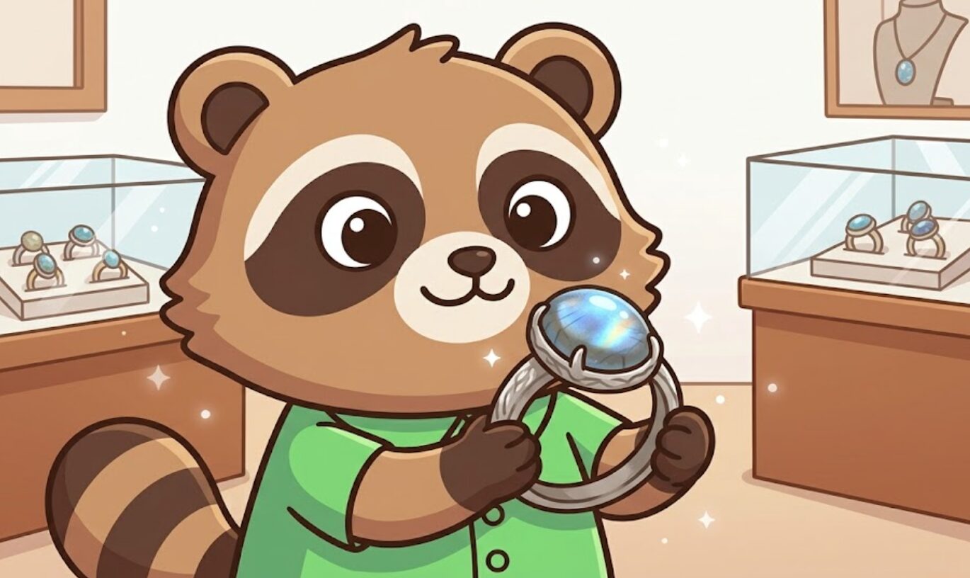 ラブラドライトのリングを見つめて驚く緑のシャツのたぬき