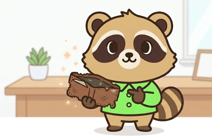 緑のシャツのたぬきがボロボロの財布を持ち、指差ししながら説明している