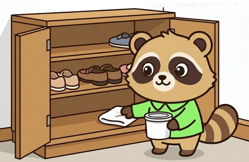 下駄箱の棚を拭いて除湿剤を置き、玄関収納を整えるたぬき