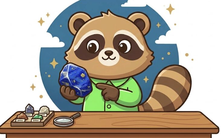 ラピスラズリの基本的な意味と特徴を確認するたぬきキャラクター