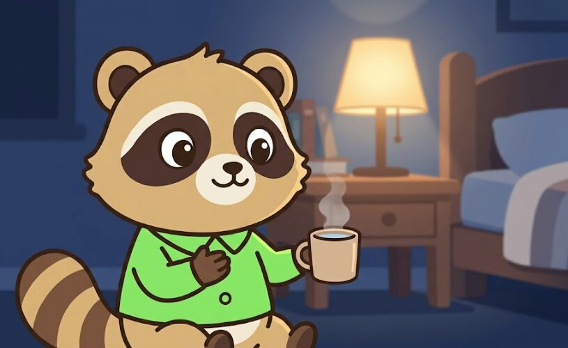 たぬきが小さなマグカップを持ち、白湯を無理なく楽しむように穏やかに微笑んでいるイラスト