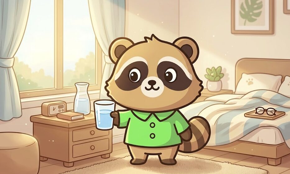 朝の寝室で、たぬきがベッドサイドテーブルのコップの水を持ち上げて片づけようとしている