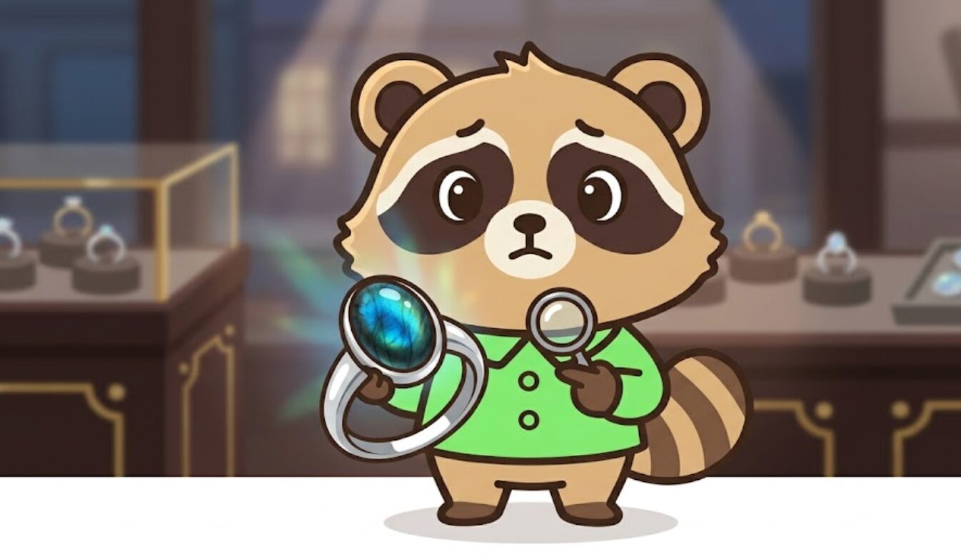 ラブラドライトのリングを持って不安そうに説明する緑のシャツのたぬき