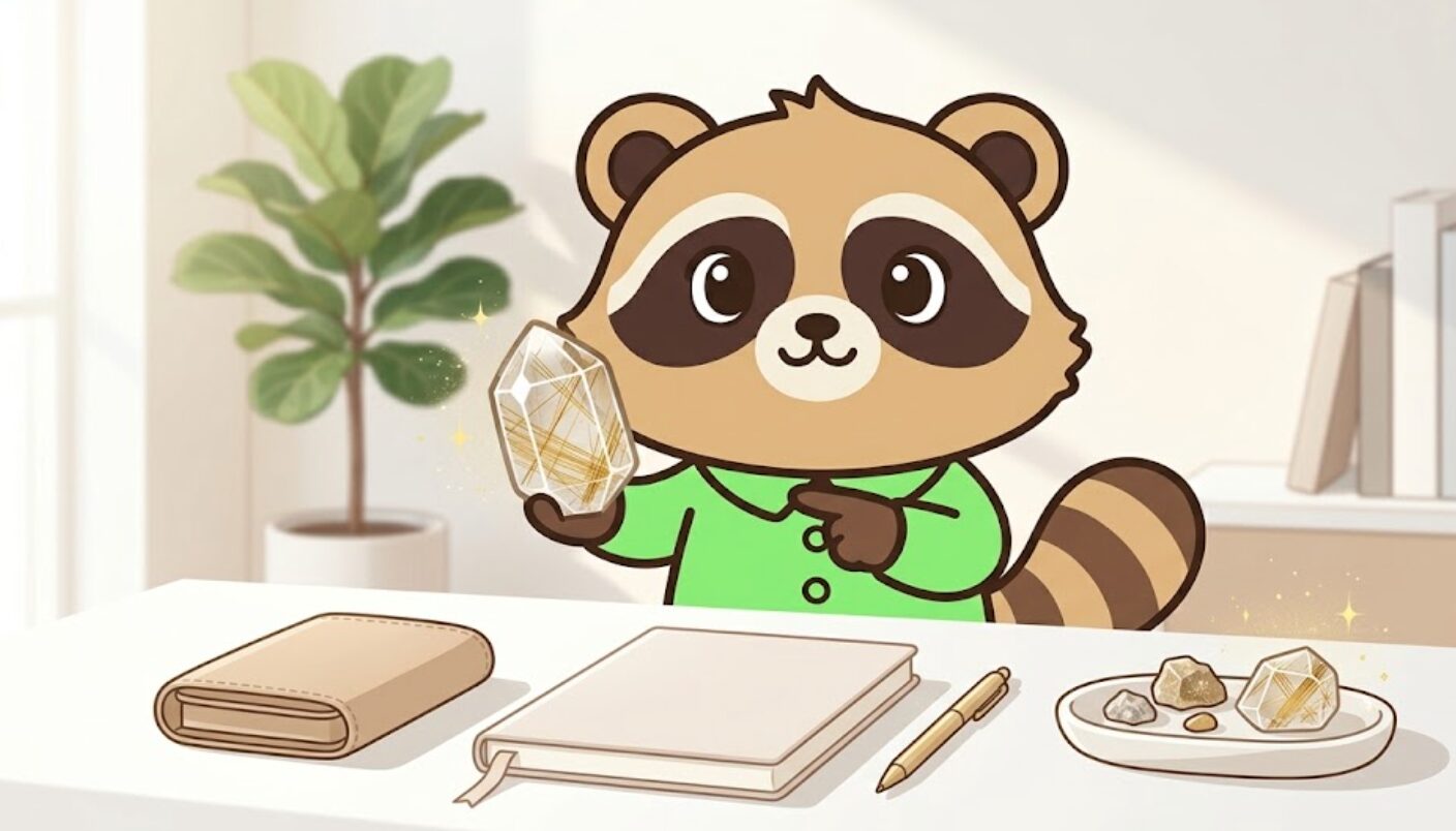 緑のシャツを着た中性的なたぬきがルチルクオーツを持ち、金運や良縁、願望達成など石言葉の意味を小物とともに説明しているイラスト