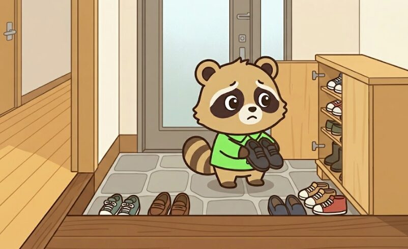 小さな靴箱がいっぱいの玄関で、入りきらない外履きの靴を持って困った表情をする緑のシャツのたぬきキャラクターのイラスト