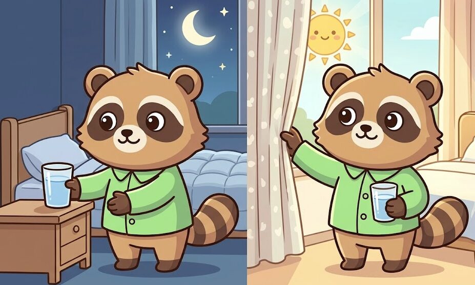 夜と朝の寝室を左右で対比し、緑のシャツを着たかわいいたぬきが、左でベッド横のテーブルにコップの水を置き、右でカーテンを開けながらコップを持っている
