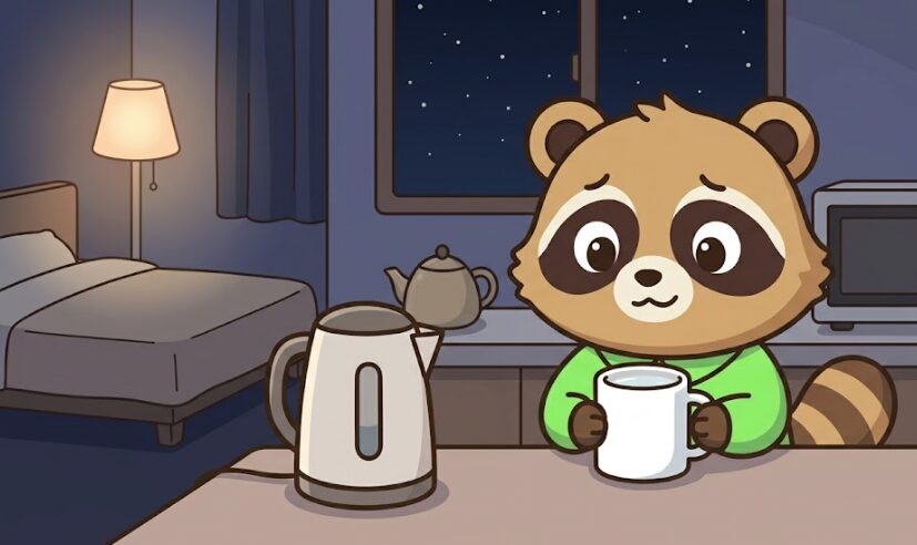 夜の落ち着いた部屋で、緑のシャツを着たたぬきが透明な白湯の入ったマグカップを両手で持ち、ほっとした表情を見せているアイキャッチイラスト