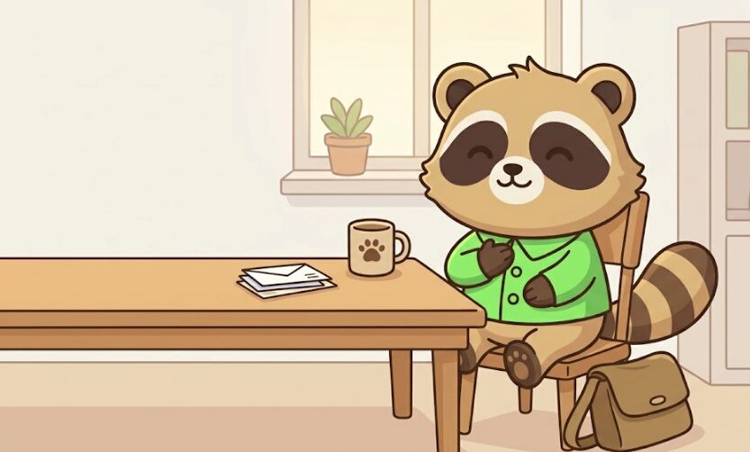 人と会って疲れたたぬきが、自宅で胸に手を当ててひと息ついているアイキャッチイラスト