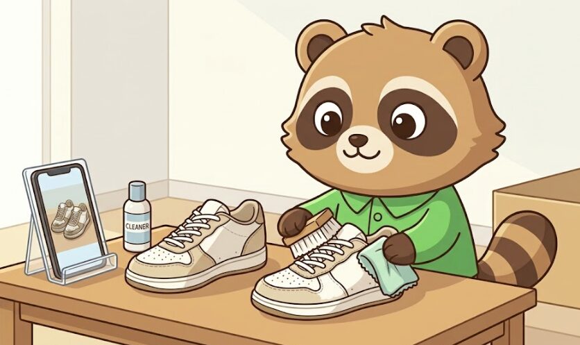 フリマ出品前にスニーカーをきれいに手入れしているたぬき