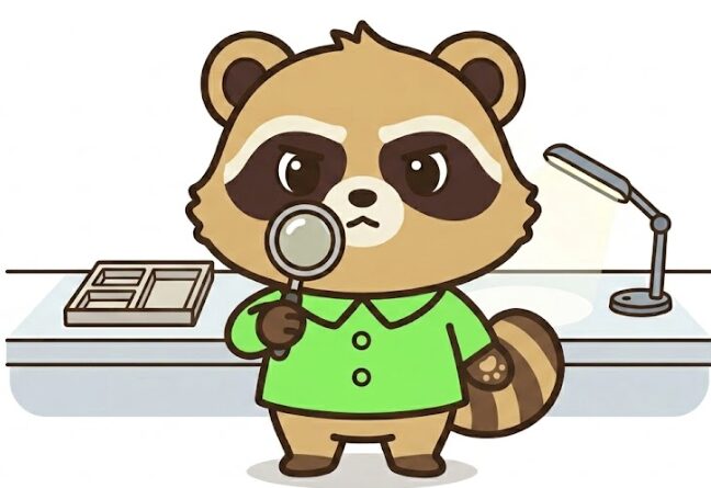 本物らしいラリマーと不自然な青い石を見比べながら、違和感を確かめている緑のシャツのたぬきのイラスト