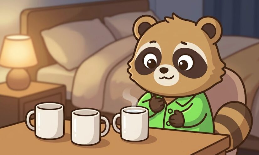 たぬきが胸とお腹に手を当て、自分の体調を確認しながら白湯を無理に飲まないようにしているイラスト