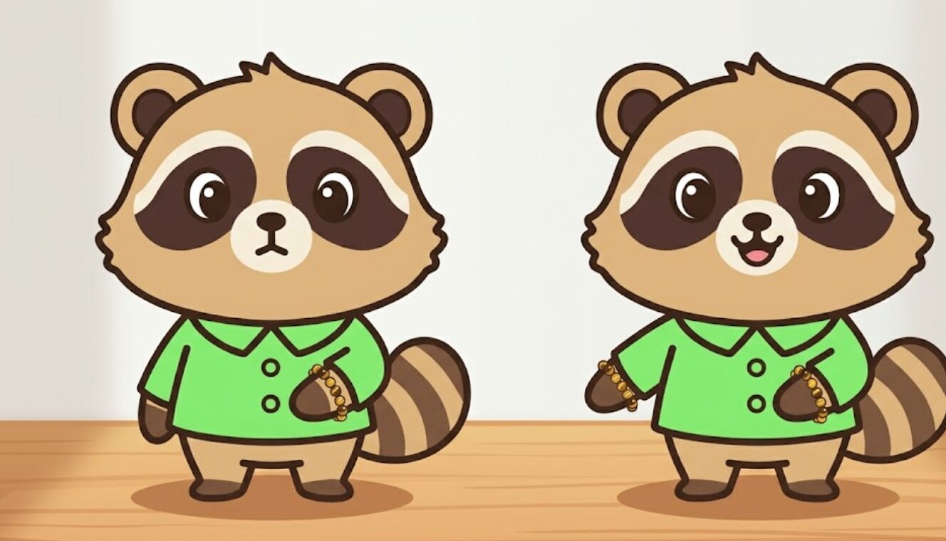 左右の手に小粒のタイガーアイブレスレットをつけ比べているたぬきのイラスト