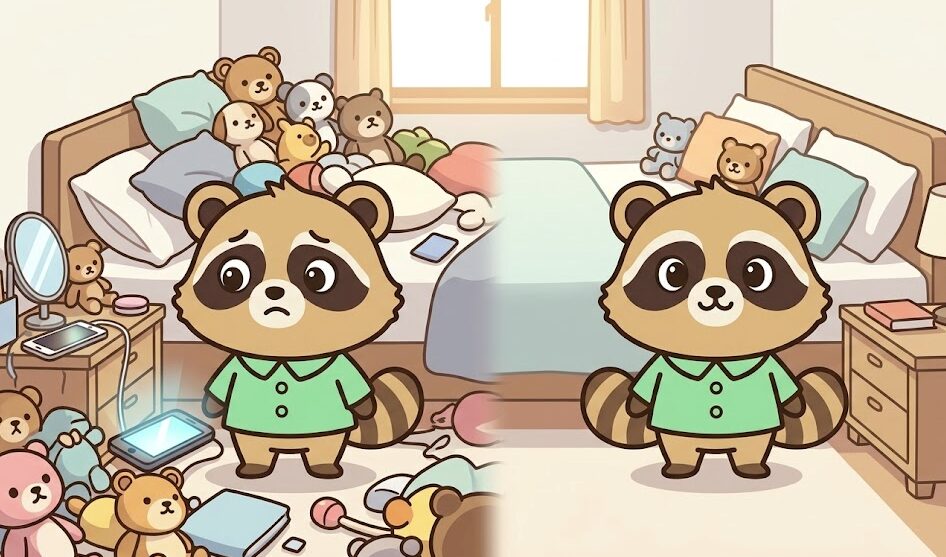 物が多い枕元に困るたぬきと、必要な物だけのすっきりした枕元に安心するたぬきを左右で比較したイラスト
