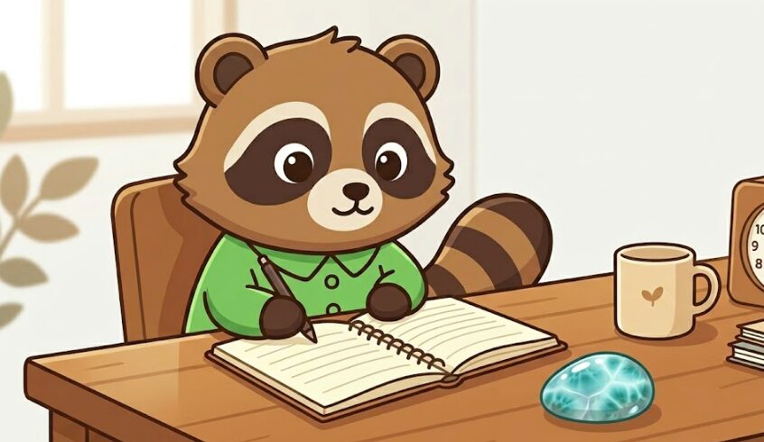 ラリマーを机に置き、ノートを見ながら体調や気持ちを見直している緑のシャツのたぬきのイラスト