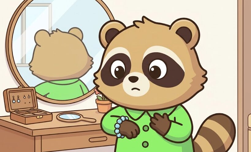 ラリマーのブレスレットを見ながら、胸に手を当てて違和感を確かめる緑のシャツのたぬきのイラスト