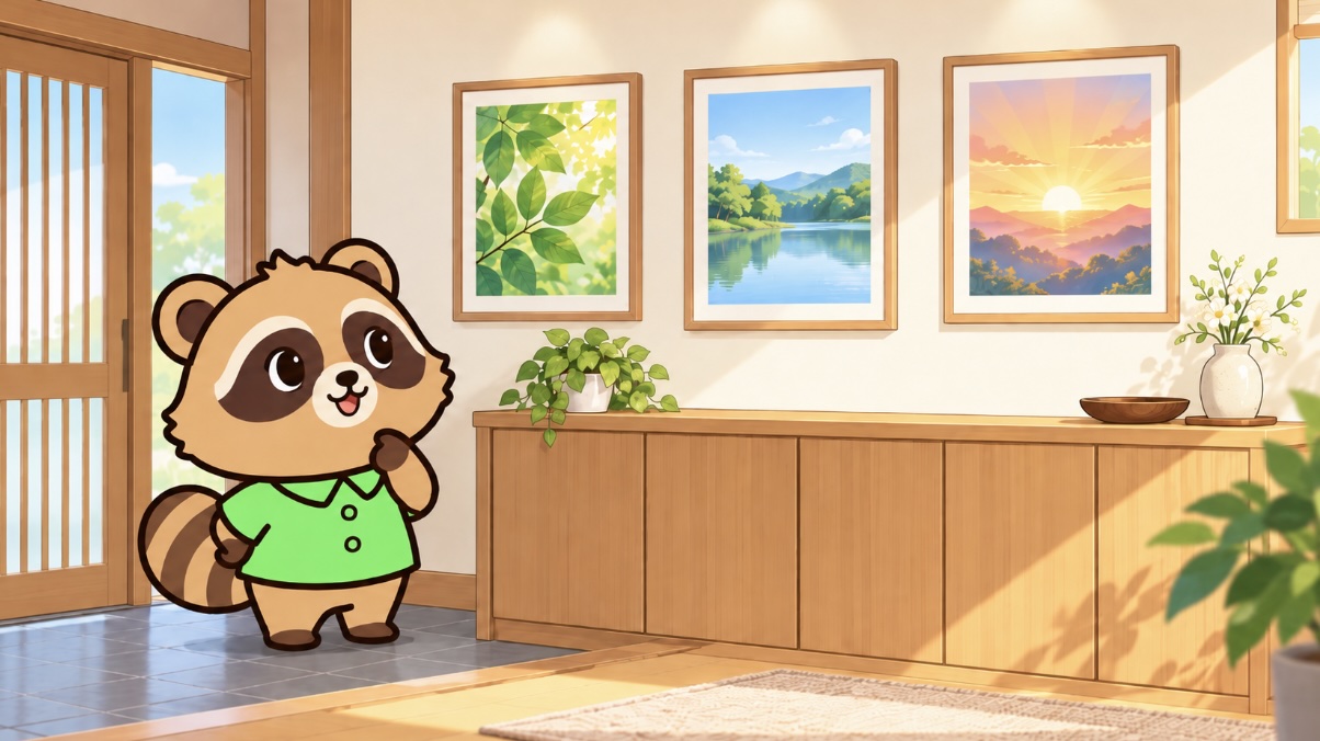 東の玄関に飾る植物・水辺・朝日の絵を見比べるたぬき