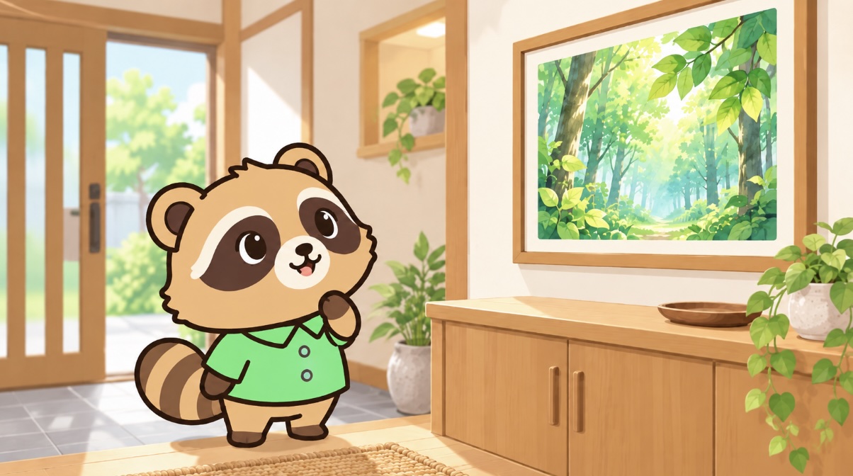 東の玄関で緑の森林を描いた絵を眺めるたぬき