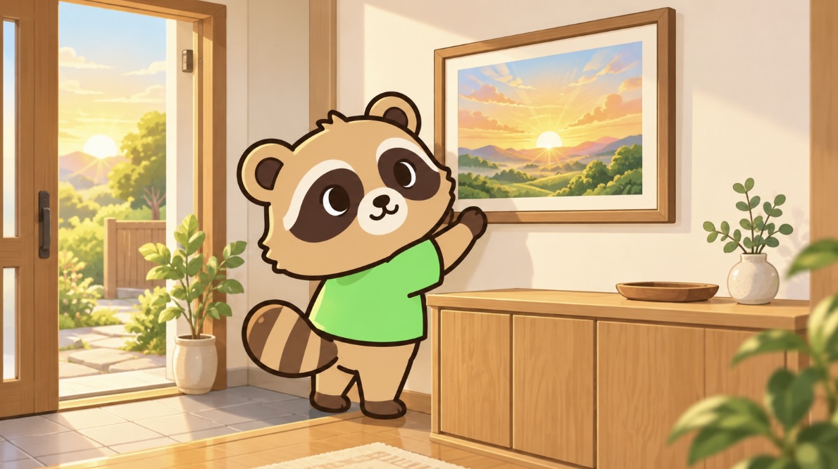 東の玄関で朝日の絵を見やすい高さに飾るたぬき