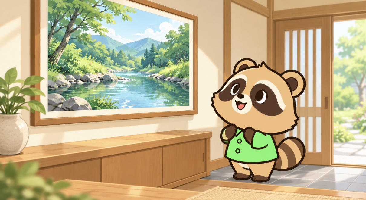 東の玄関で川と緑を描いた風景画を眺めるたぬき