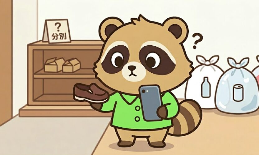 スマートフォンを見ながら靴のごみ分別を確認するたぬき