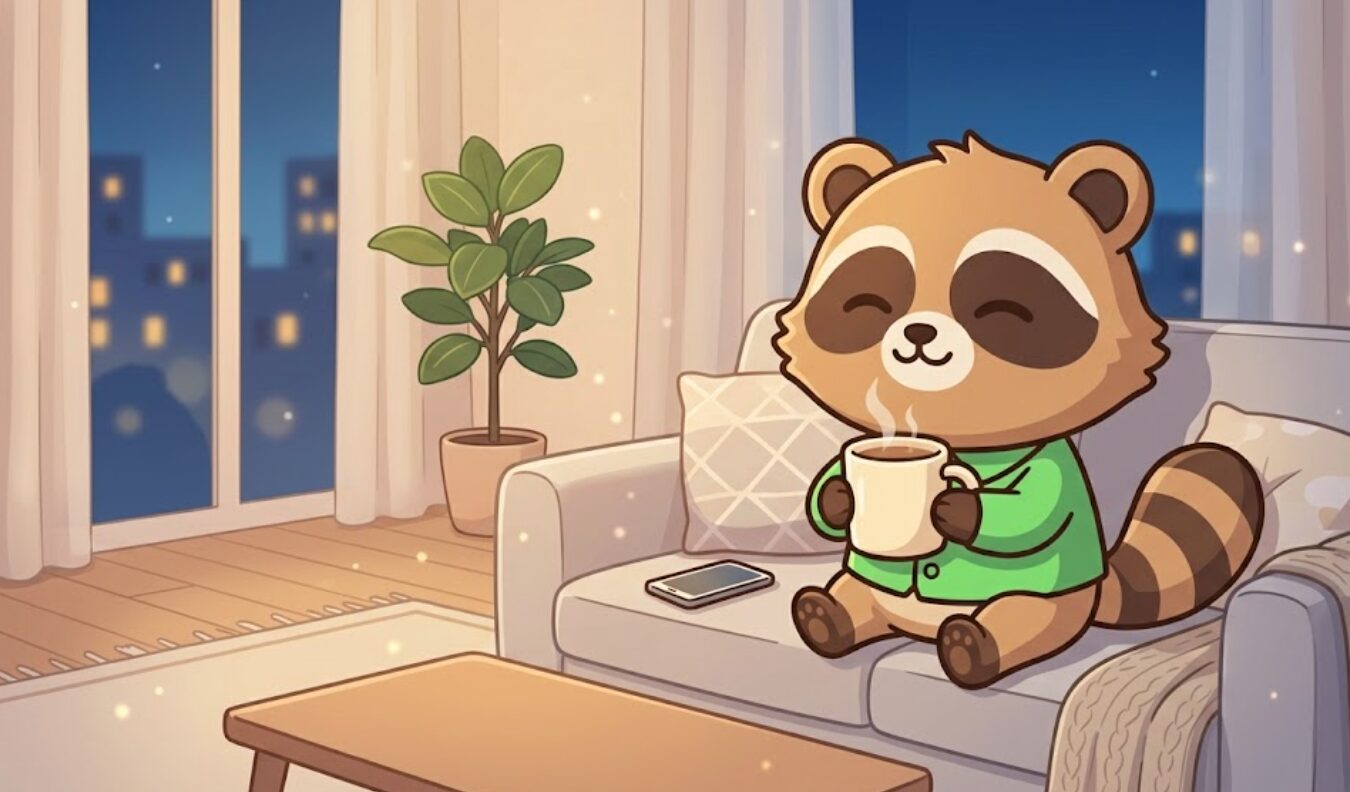 リビングのソファで温かい飲み物を持ちながら、ほっとくつろぐ緑のシャツのたぬきのアイキャッチイラスト