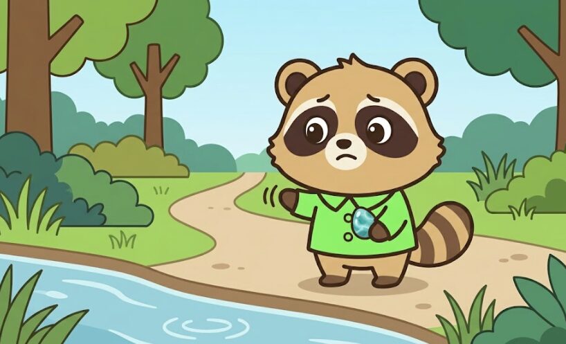 ラリマーを自然に還す方法について迷いながら、屋外で手放し方を考えている緑のシャツのたぬきのイラスト