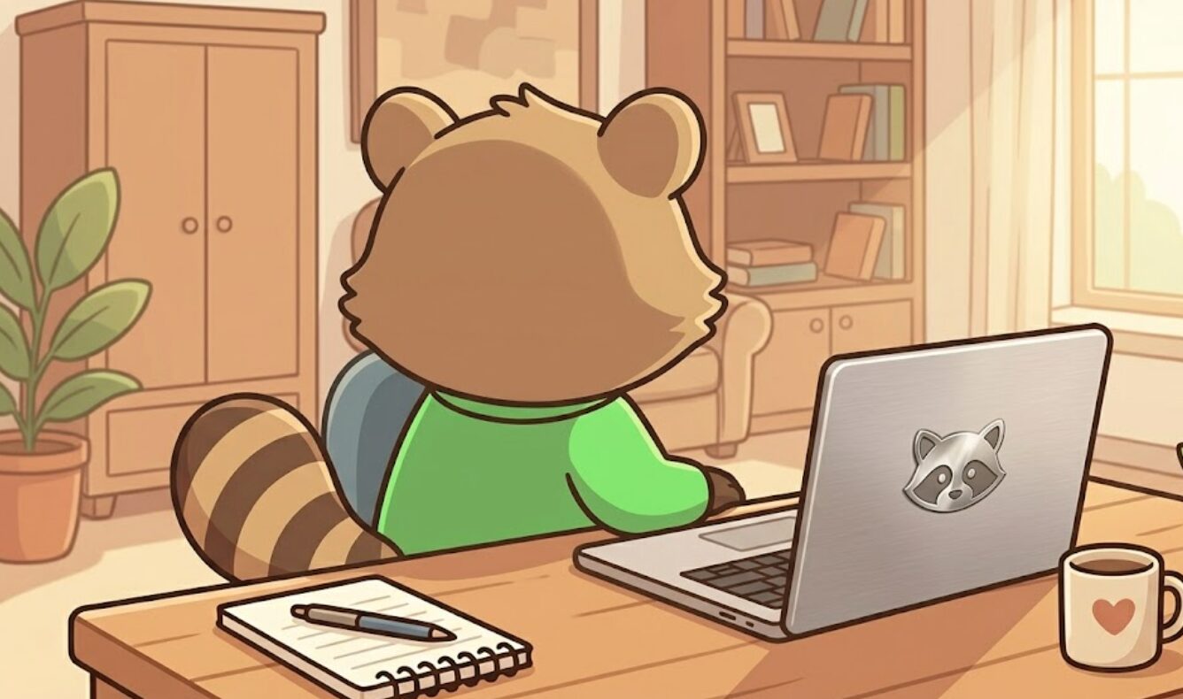 緑のシャツを着たたぬきが自宅の机でノートパソコンを見ながら、少し緊張しつつ仕事の応募内容を確認している様子