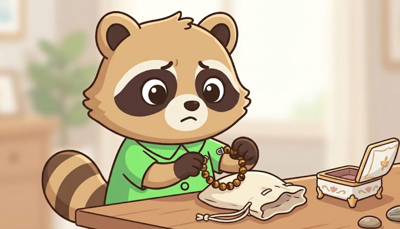 小粒のタイガーアイブレスレットを外し、小さなポーチにしまって休ませているたぬきのイラスト