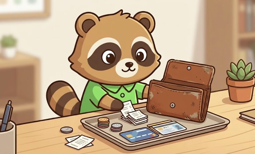 緑のシャツのたぬきが古い財布の中身を机の上に出し、レシートやカードを整理している