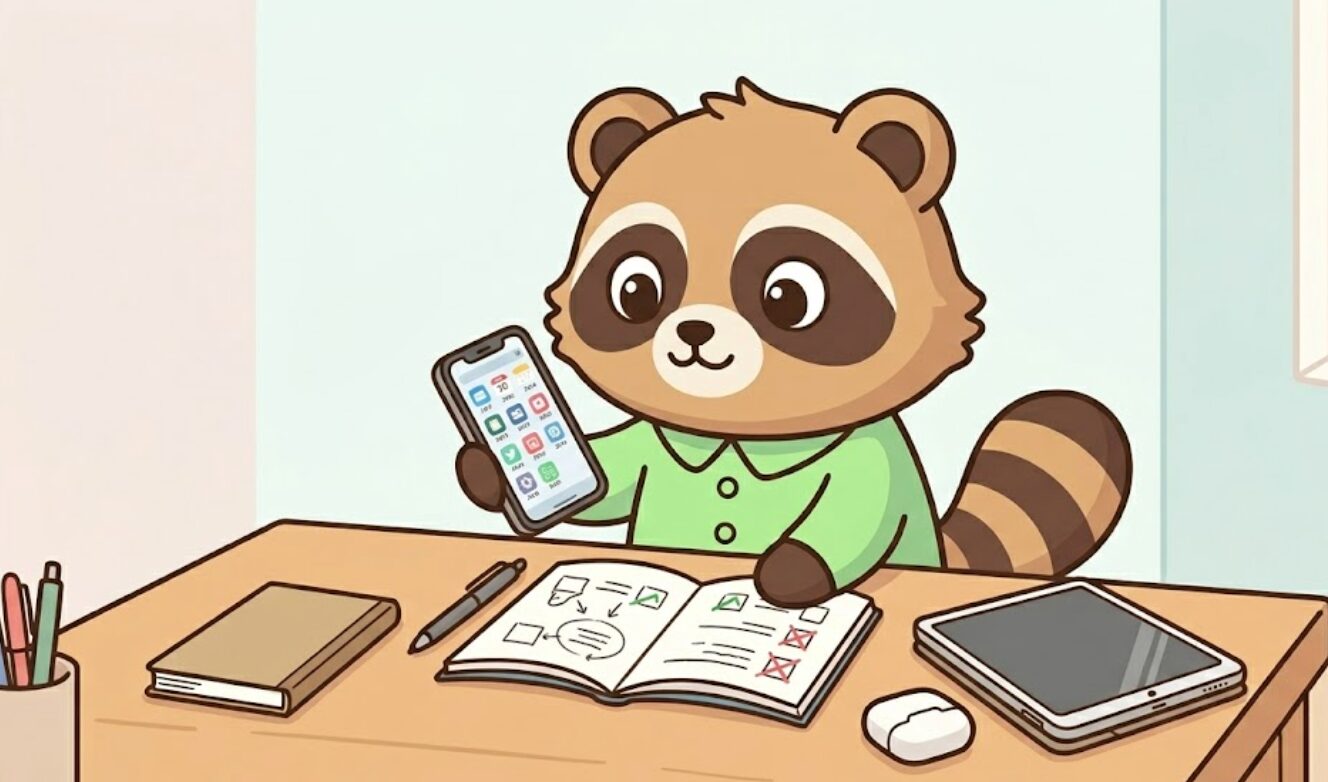 緑のシャツを着たたぬきがスマホの定期購入一覧を見ながら、不要なサブスクを整理している様子