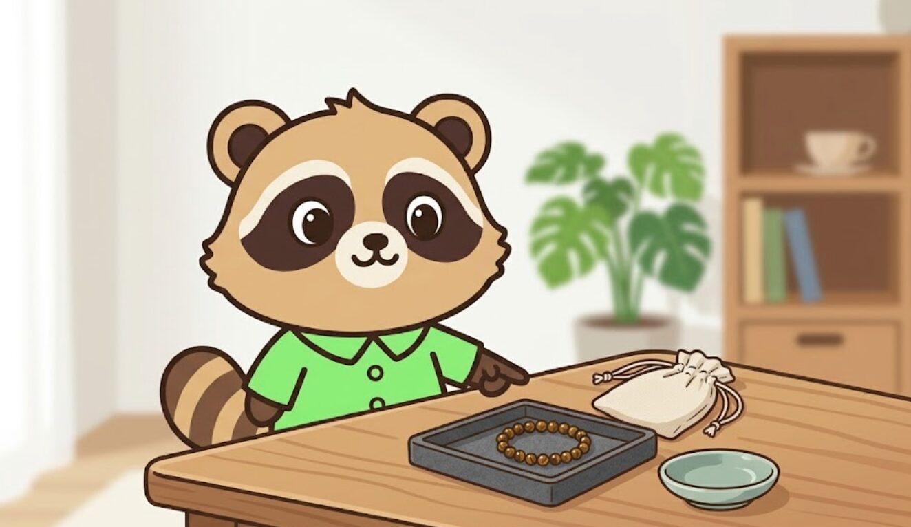 小さなタイガーアイブレスレットやポーチを指差しながら、暮らしへの取り入れ方を説明しているたぬきのイラスト