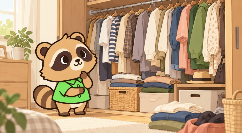 着ない服や古い服を前にクローゼットを見直す緑シャツのたぬき