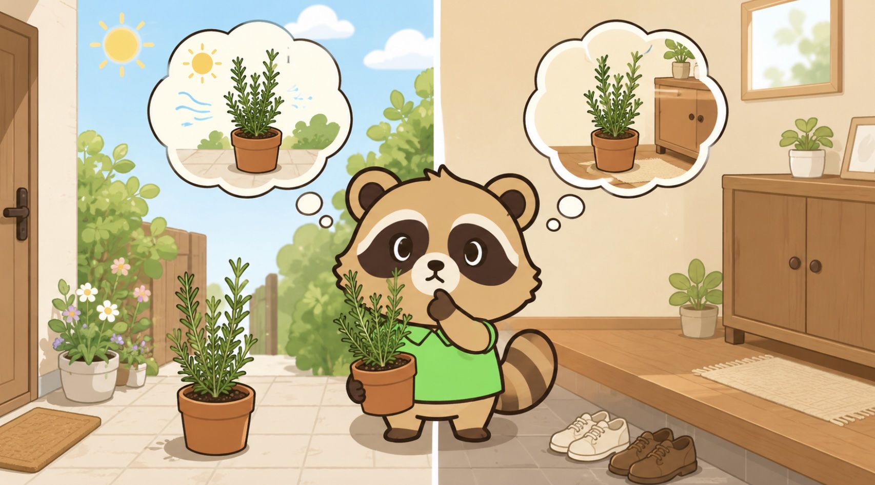 ローズマリーの鉢植えを玄関の外と内のどちらに置くか考える緑シャツのたぬき