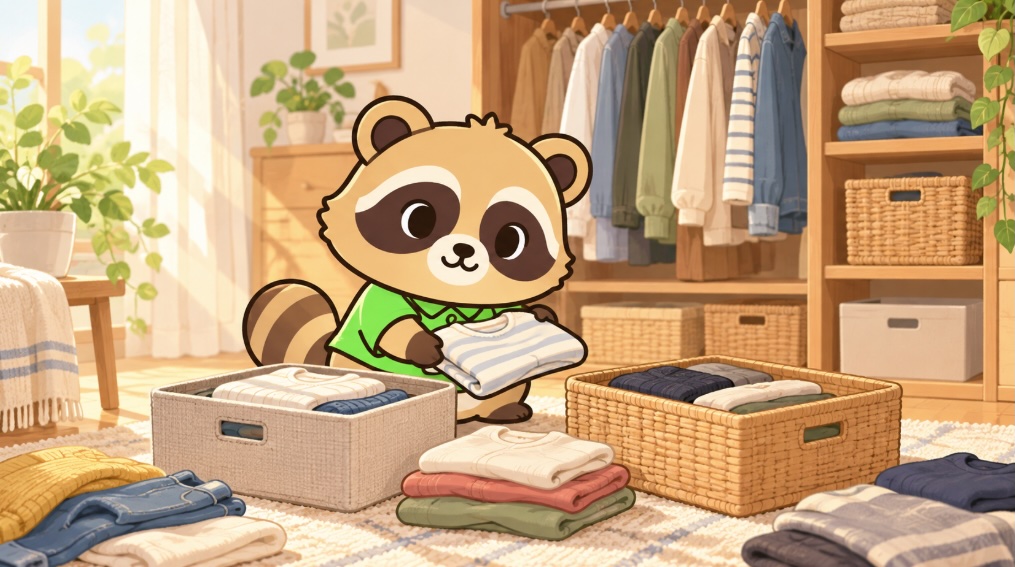 今着る服と長く着ていない服を分けながら整理する緑シャツのたぬき