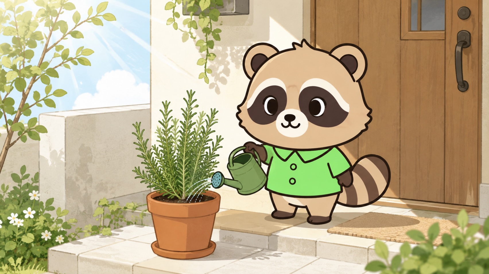 日当たりのよい玄関先で鉢植えのローズマリーに水やりをする緑シャツのたぬき