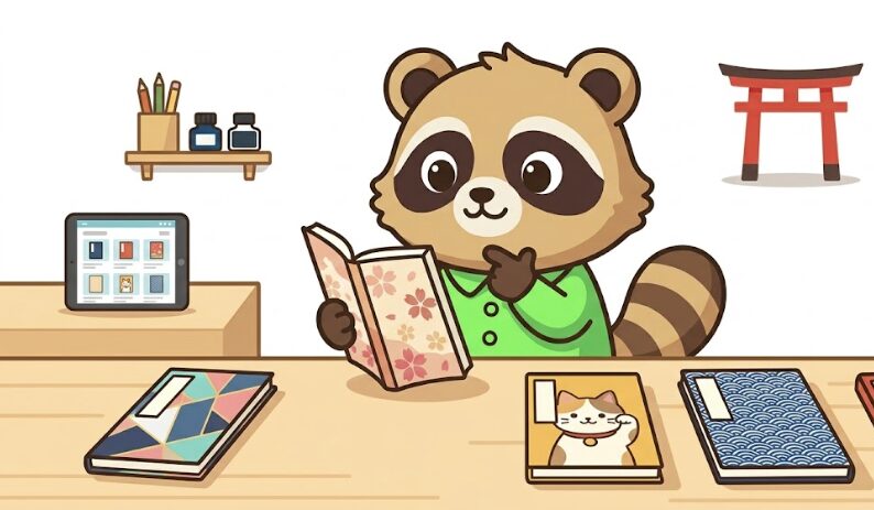 緑のシャツを着たかわいいたぬきが複数の御朱印帳を見比べて選んでいるイラスト