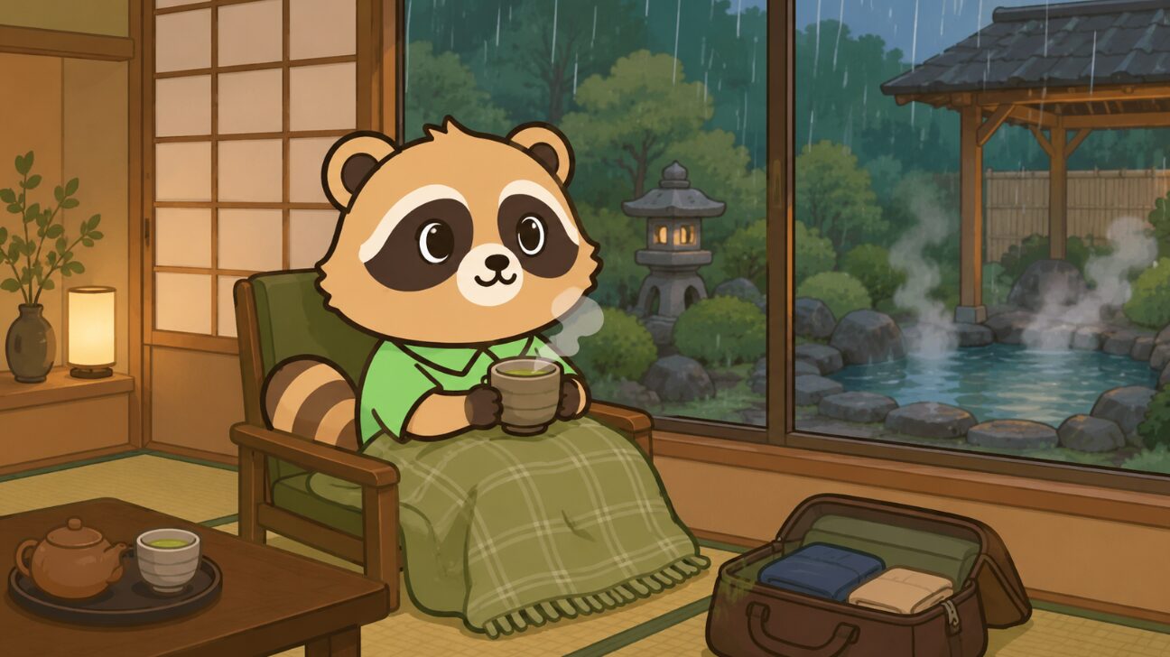 雨の日の旅館客室で、たぬきが膝掛けをかけて温かいお茶を飲みながら庭と露天風呂を眺めるイラスト