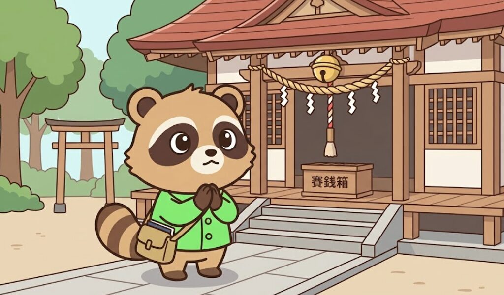 御朱印帳をかばんに入れて拝殿で手を合わせるたぬき