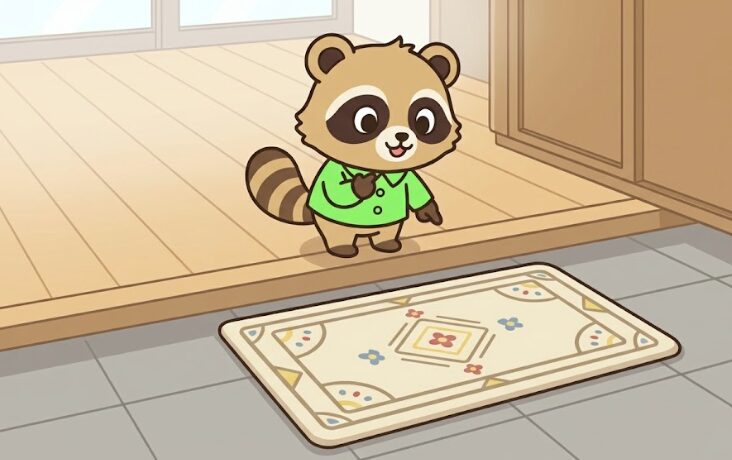 明るい日本の玄関で、緑のシャツを着たかわいいデフォルメたぬきが、たたきに置かれたベージュの新年用玄関マットを楽しそうに選んでいるイラスト。背景には木目の靴箱や正月飾りがあり、やわらかな自然光が差し込んでいる。
