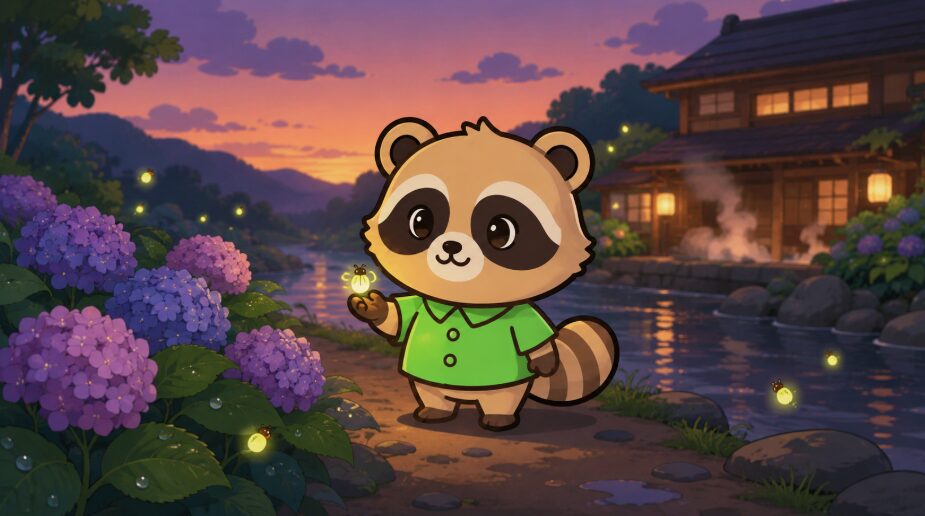 夕暮れの川沿いで、緑のシャツを着たたぬきが紫陽花とホタルの光を眺めているイラスト