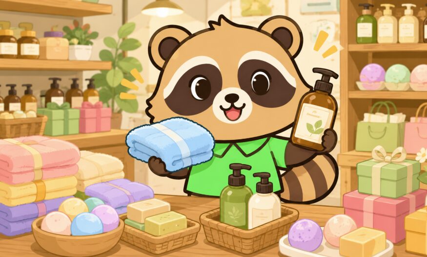 明るいギフトショップで、緑のシャツを着たかわいいデフォルメたぬきが、タオルやスキンケアボトル、バスグッズを楽しそうに選んでいるイラスト。背景には整理された棚やラッピング箱が並び、やわらかな照明で清潔感のある雰囲気になっている。