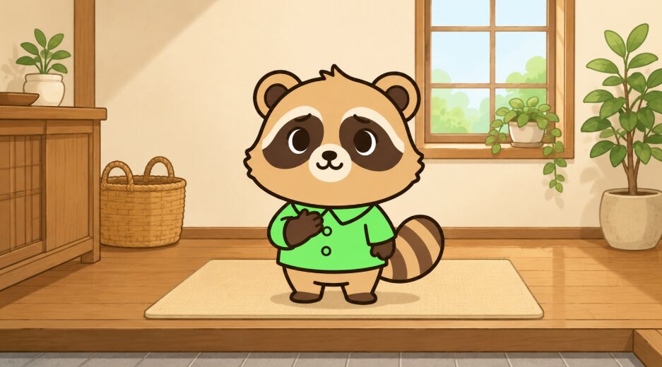 かわいいデフォルメたぬきが緑のシャツを着て胸に手を当て、ベージュの玄関マットの上でほっとした表情をしている。背景には木目の玄関、窓、籐かご、観葉植物があり、やわらかな光が差し込む清潔感のある室内。