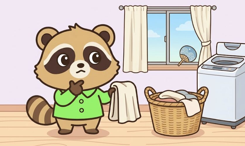 洗濯かごの前でカーテンを手に持ち、洗うタイミングを考えている緑のシャツのたぬきのイラスト