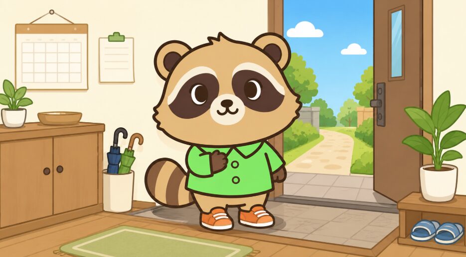 たぬきが胸に手を当てて笑顔になり、自分の予定に合わせて新しい靴を履いて出かけようとしている様子