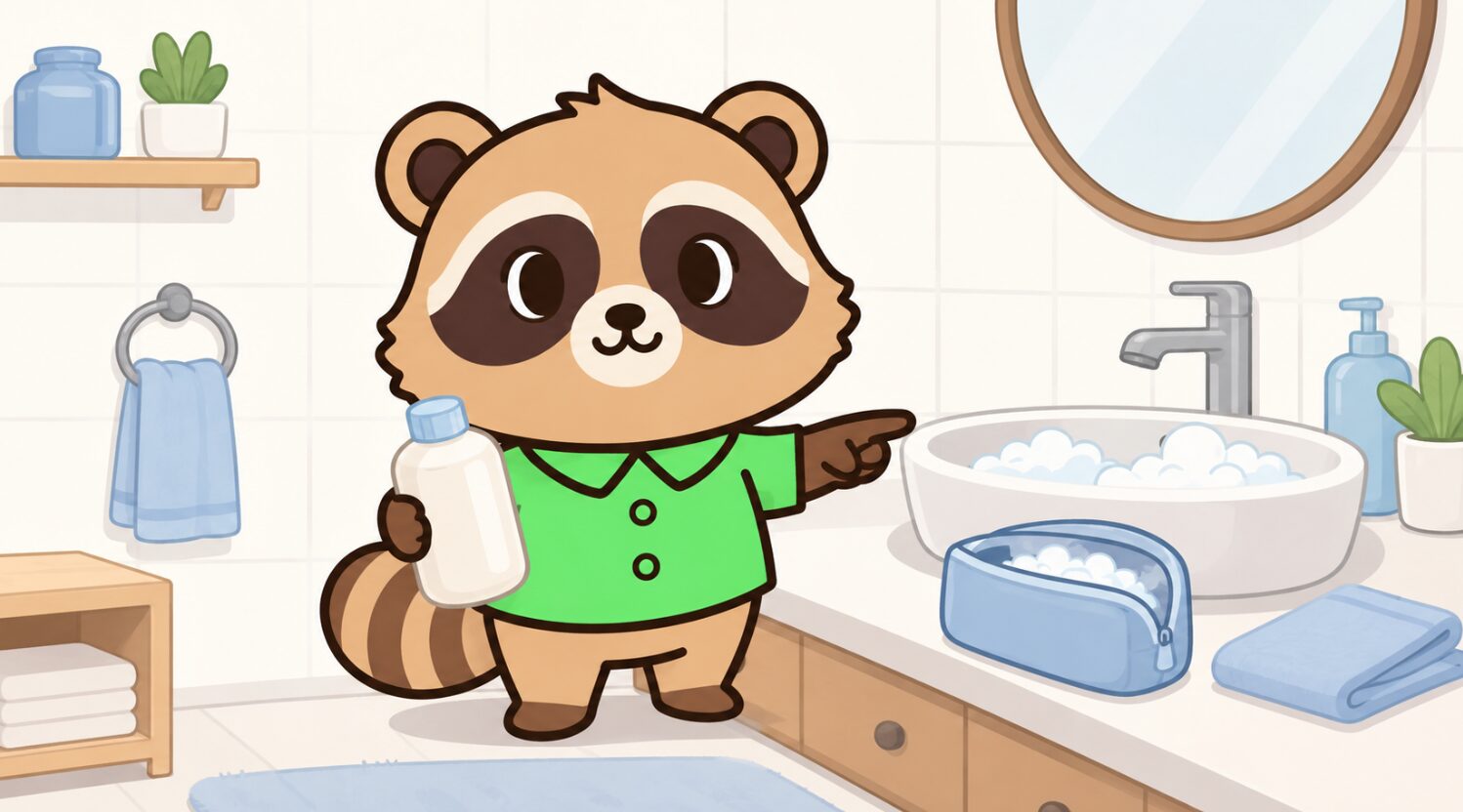 洗面所で、緑のシャツを着たかわいいたぬきキャラクターが無地の洗剤ボトルを持ち、泡立った洗面器と化粧ポーチを指差して説明しているイラスト。白いタイルや清潔なタオル、淡いブルーの小物が並ぶ明るく清潔な背景