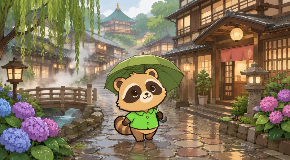 傘を持ったたぬきが、石畳と木造旅館のある関西風の温泉街を歩いているイラスト