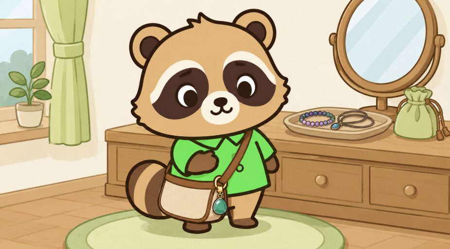 緑のシャツを着たかわいいたぬきが、誕生石のバッグチャームを見つめながら胸に手を当てているイラスト