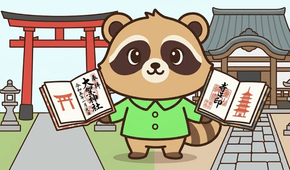 神社用とお寺用の御朱印帳を分けて持つたぬき