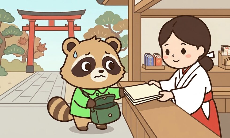 御朱印帳を忘れて授与所で書き置きの御朱印を受け取るたぬき