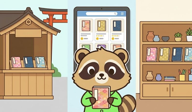 たぬきが神社の授与所や通販、雑貨店で買える御朱印帳を見比べているイラスト